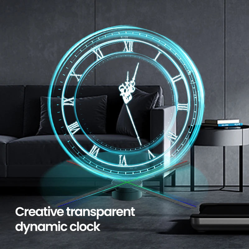 A modern living room features a cutting-edge 3D Projector Wall Clock with Roman numerals and an LED display, set against a backdrop of a sofa and side table. The text reads: "Creative transparent dynamic clock.