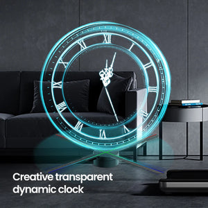 A modern living room features a cutting-edge 3D Projector Wall Clock with Roman numerals and an LED display, set against a backdrop of a sofa and side table. The text reads: "Creative transparent dynamic clock.