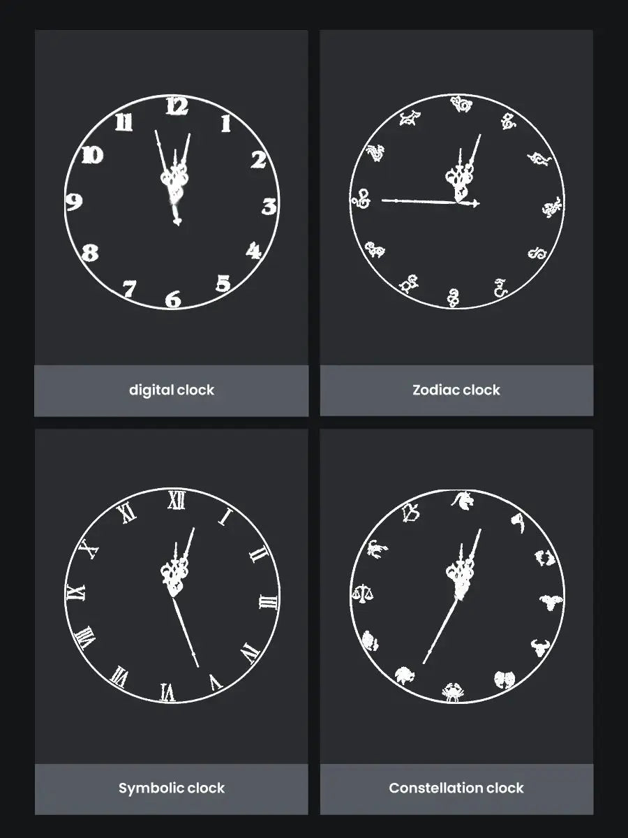 Explore the 3D Projector Wall Clock, which offers four distinct designs: a digital version with a Dynamic LED Display, a Zodiac-inspired clock, a symbolic design featuring Roman numerals, and a constellation-themed option. Each style includes decorative hour and minute hands and comes with customizable backgrounds to match your personal taste.