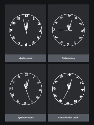 Explore the 3D Projector Wall Clock, which offers four distinct designs: a digital version with a Dynamic LED Display, a Zodiac-inspired clock, a symbolic design featuring Roman numerals, and a constellation-themed option. Each style includes decorative hour and minute hands and comes with customizable backgrounds to match your personal taste.