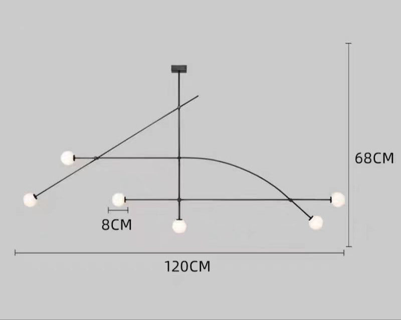 The Minimalist Line Light is a modern black chandelier with five round lights displayed against a gray backdrop, measuring 120 cm wide and 68 cm high, with each light extending 8 cm.