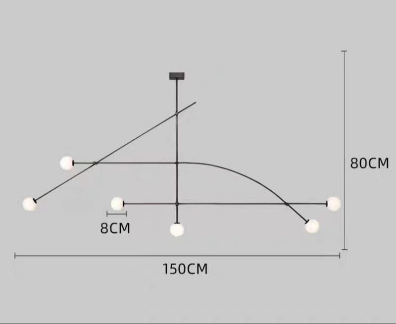 The Minimalist Line Light is a modern chandelier featuring six spherical lights on black metal rods, arranged vertically and diagonally with one curved rod. It measures 150 cm wide and 80 cm tall, offering an 8 cm light spacing against a gray backdrop.