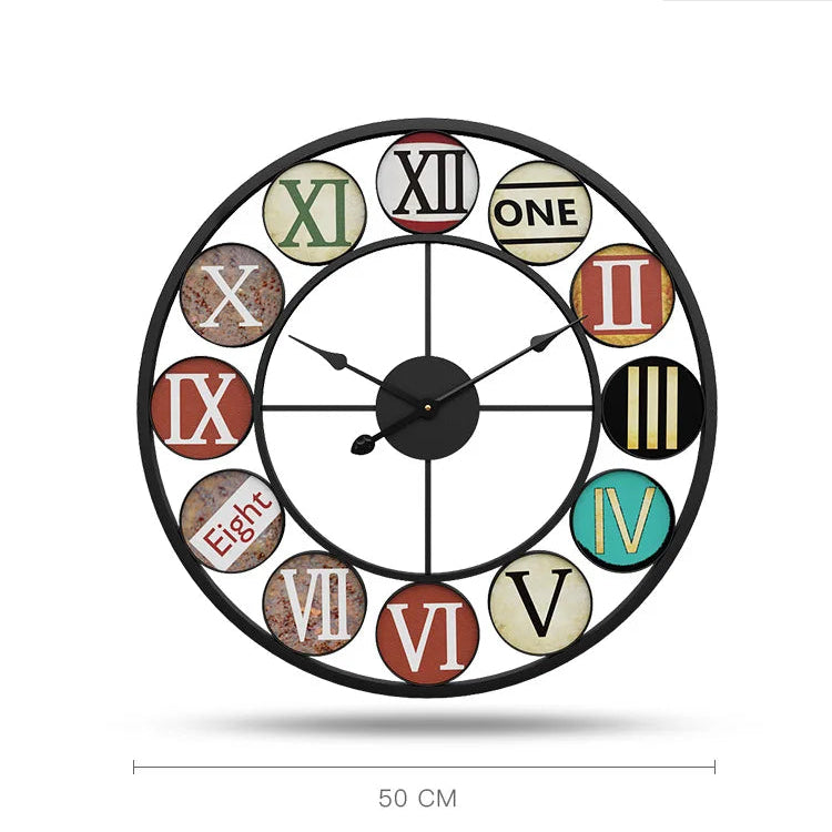 The Nordic Color-Ring Wall Clock features a round design with a black frame, mixed numeral styles, two black hands, and a 50 cm diameter.