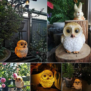 Collage of decorative owl and rabbit garden ornaments, featuring the Solar Owl Light—an outdoor solar decor product that illuminates at night—placed among plants and flowers in both outdoor and indoor settings.