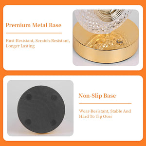 Two close-up images showcase the Crystal Table Lamp’s gold metal base and black non-slip underside, emphasizing its rust-resistant design and stable construction.