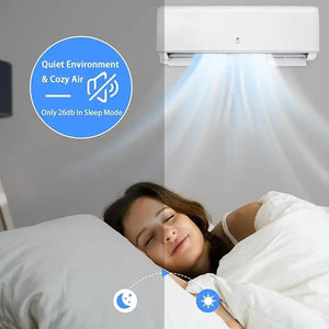 A woman sleeps comfortably under a Mini Split Air Conditioner (12,000 BTU) with WiFi and Remote Control, enjoying quiet, cozy air at a low 26dB noise level in sleep mode.