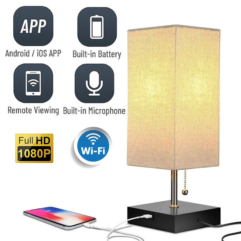 The Desk Lamp Charging SpyCam is a James Bond-inspired modern table lamp equipped with built-in Wi-Fi, microphone, and battery. It offers spy camera features, remote viewing, an Android/iOS app for control, and a USB charging port for ultimate convenience and style.