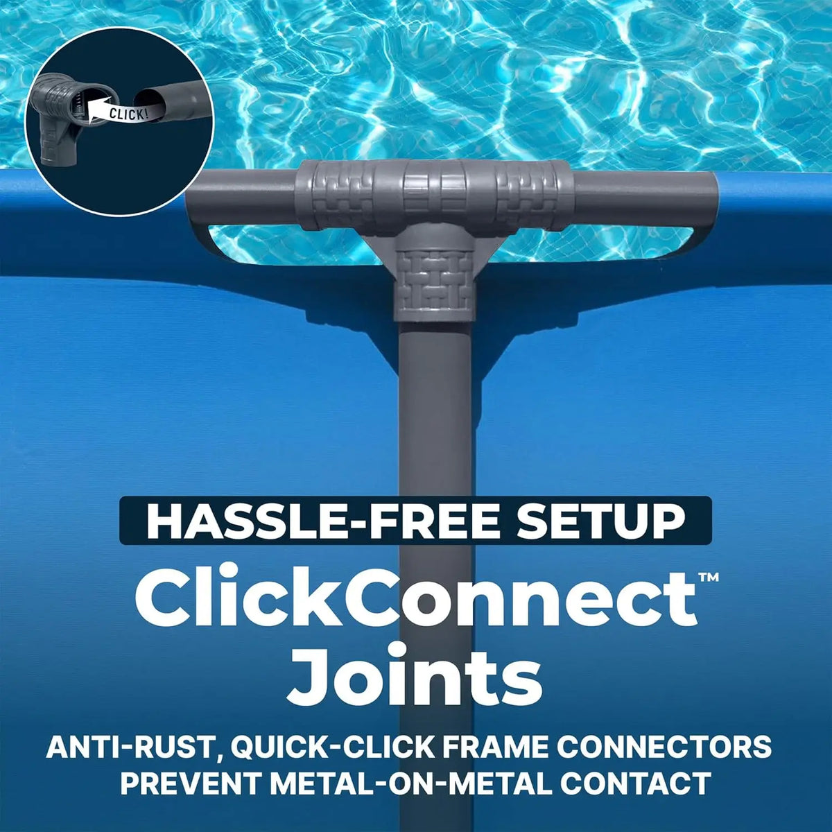 Close-up of a ClickConnect joint on the Outdoor Swimming Pool frame above water, highlighting hassle-free setup and anti-rust, quick-click connectors for easy assembly and lasting durability.