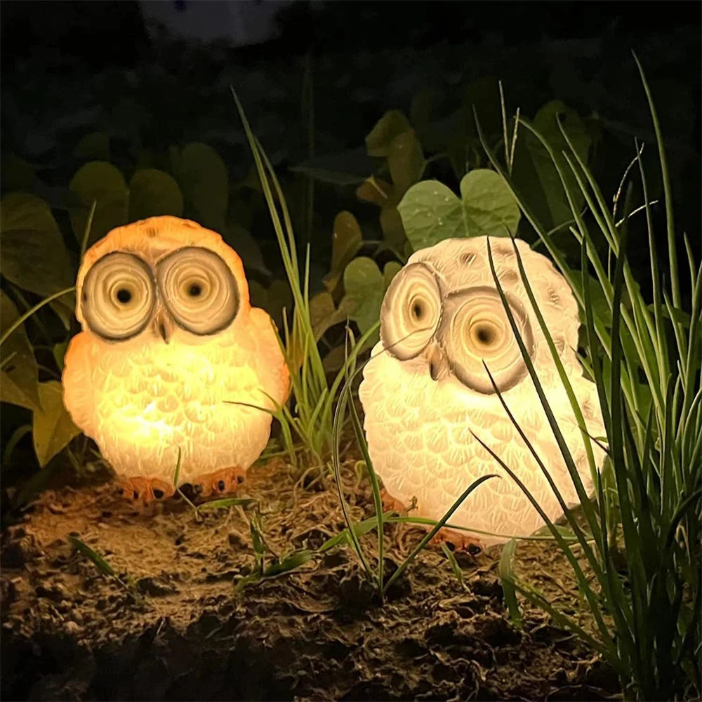 Two Solar Owl Lights illuminate the ground among green grass and plants at night, creating charming outdoor solar decor.