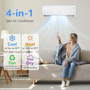 A woman on a sofa uses a remote to control the wall-mounted Mini Split Air Conditioner, showing cool, heat, fan, and dry modes.