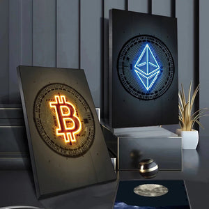 A frameless Ethereum print featuring a glowing neon logo is displayed in a modern room with decorative objects and a small plant.