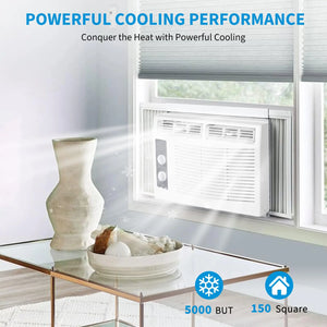 The Window Air Conditioner cools rooms up to 150 sq. ft. with 5000 BTU, delivering powerful cooling performance and efficient comfort for small stylish spaces.