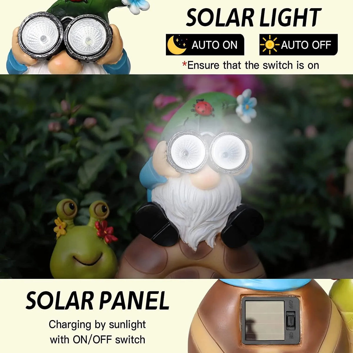 The Solar Gnome Snail Light, a delightful outdoor garden decor piece, showcases a gnome with illuminated eyes seated beside a green snail; a detailed view highlights its solar panel and ON/OFF switch, emphasizing its garden solar light functionality.
