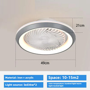 The Smart Fan Ceiling Light features a 49cm diameter, 21cm height, and is made from iron and acrylic. It’s ideal for 10-15m² spaces, offering modern design, LED lighting, and remote control for seamless style and convenience.