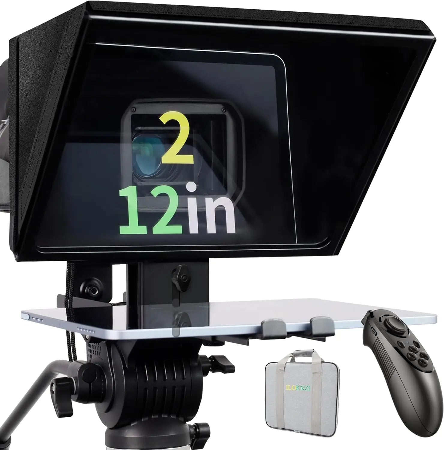 The Universal Portable Teleprompter, equipped with a 12-inch reflective screen displaying text, is mounted on a tripod. Accompanying it are a carrying case and remote control, making it ideal for content creation while traveling.