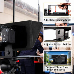 Close-up of the Universal Portable Teleprompter setup showcasing its adjustable features, including a placing table, variable glass height, and compatibility with 24mm focal length lenses and above, making it ideal for content creation on-the-go.