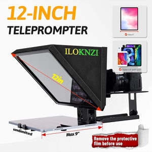 Introducing the Universal Portable Teleprompter: a 12-inch device with a reflective screen designed for tablets up to 9 inches. Perfect for content creation, it includes a camera mount and comes with a reminder to remove the protective film before use.