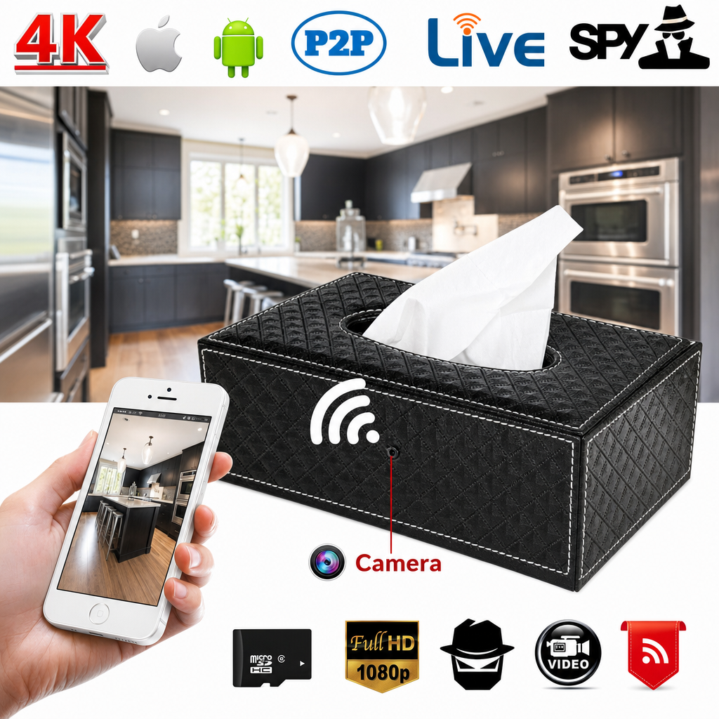 A black SpyCam Tissue Box, cleverly designed as a tissue box cover with a hidden camera, streams 4K video directly to your smartphone. Displayed in a modern kitchen, feature icons highlight live view, high-resolution streaming, and broad compatibility—making it the perfect discreet surveillance solution for any space.