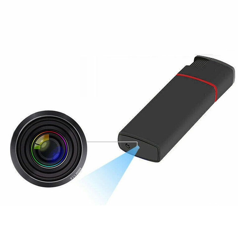 The SpyCam Lighter, a black rectangular device with a red stripe, emits blue light toward a camera lens, highlighting its hidden camera feature perfect for covert surveillance.