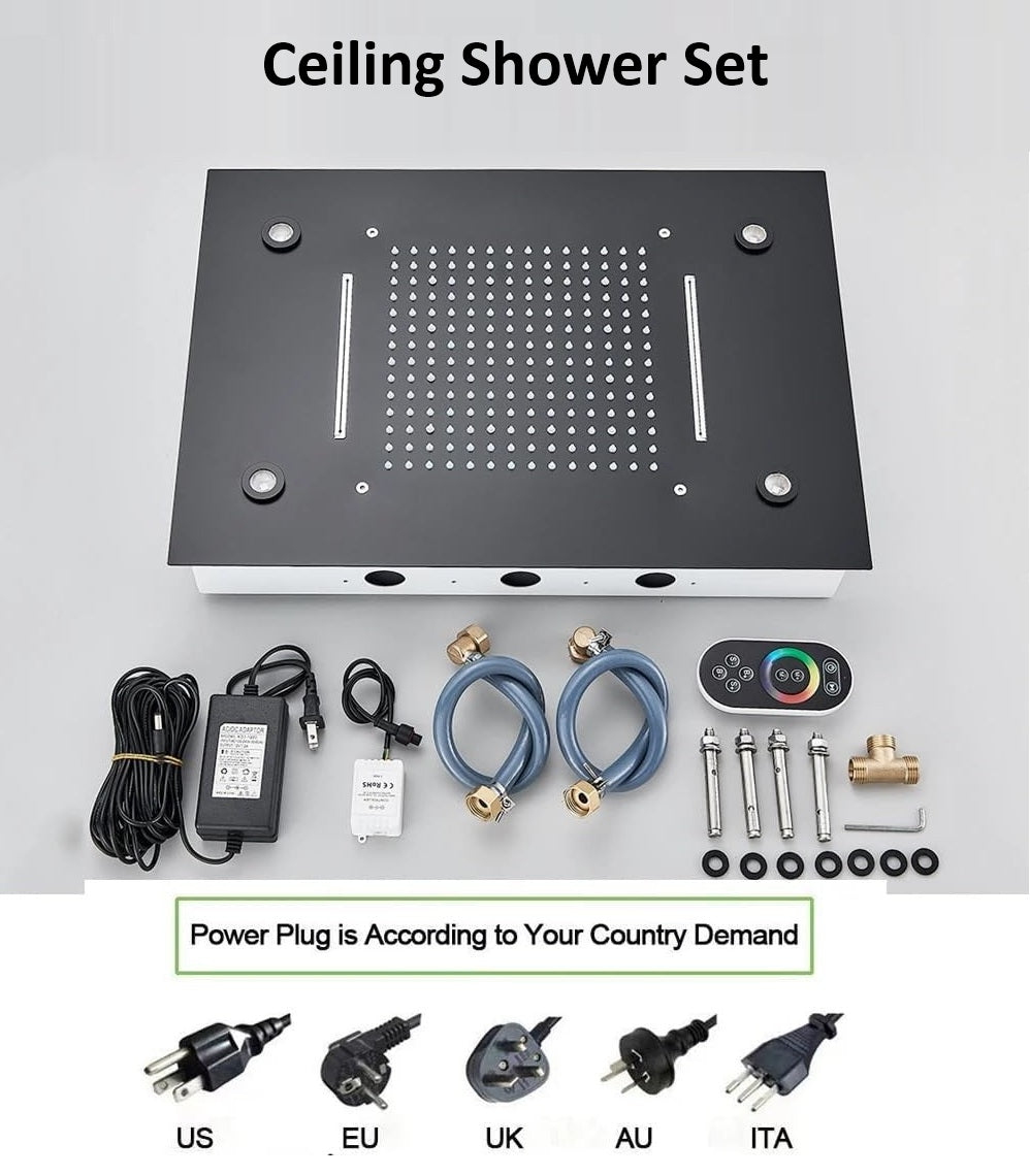 Smart Ceiling Shower System with hoses, connectors, remote control, power adapter, and interchangeable power plugs for US, EU, UK, AU, and ITA. This rainfall waterfall shower includes a thermostatic mixer valve for precise temperature control and provides an immersive shower experience.