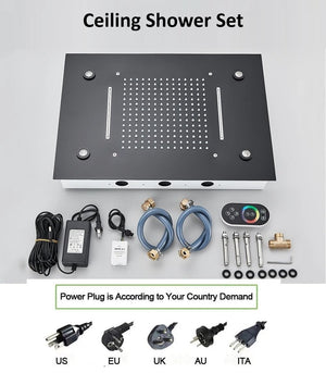 Smart Ceiling Shower System with hoses, connectors, remote control, power adapter, and interchangeable power plugs for US, EU, UK, AU, and ITA. This rainfall waterfall shower includes a thermostatic mixer valve for precise temperature control and provides an immersive shower experience.