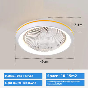 The Smart Fan Ceiling Light features built-in LED lighting, measures 49cm in diameter and 21cm high, and has an iron and acrylic build. Ideal for rooms of 10–15m².
