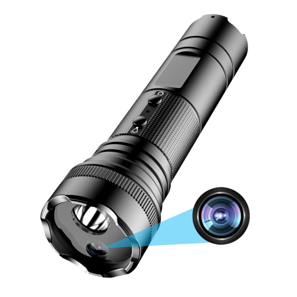 The Outdoor Flashlight SpyCam is a black handheld device with control buttons and camera lens, shown emitting a blue beam at a lens icon. Its discreet, waterproof design lets you capture moments in 1080p resolution.