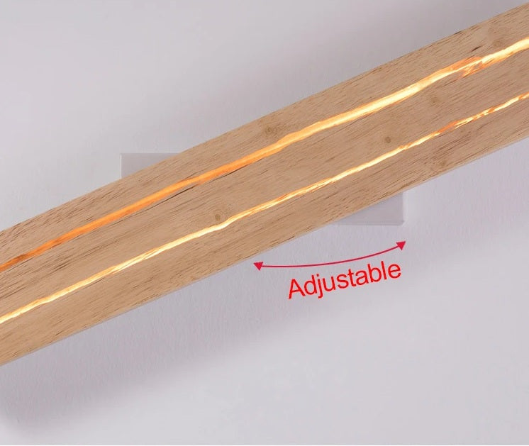 The Rectangle Wood Wall Light features a glowing strip and a minimalist design, complemented by a red "Adjustable" label.