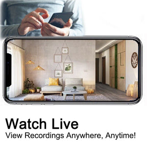 A person uses a smartphone displaying a live video of a modern living room with the text: "Watch Live. View Recordings Anywhere, Anytime!" Seamlessly powered by Universal Charger Night Light SpyCam for continuous 24/7 surveillance.