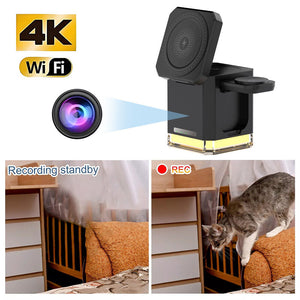 The Universal Charger Night Light SpyCam captures a cat jumping from a bed, highlighting its WiFi-enabled 4K lens and device features in both standby and recording modes.