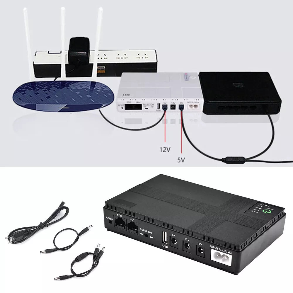 A setup showing three devices connected to a power strip using cables, with an additional black Portable UPS for WiFi Router (10400mAh) displayed below alongside two cables.