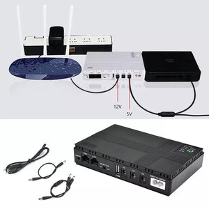 A setup showing three devices connected to a power strip using cables, with an additional black Portable UPS for WiFi Router (10400mAh) displayed below alongside two cables.