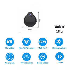 The Mini Necklace SpyCam is a compact black device measuring 45mm by 40mm and weighing just 18g. It offers HD video, remote monitoring, a USB port, alarm push notifications, a 100° wide-angle lens, loop video recording, and supports TF cards. This discreet camera seamlessly integrates into your daily attire.