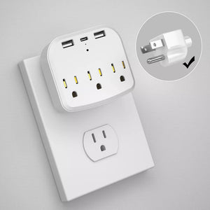 The US Outlet SpyCam, which features USB ports and multiple outlets, is displayed above a standard wall outlet with high-definition clarity for easy viewing. An inset image shows a compatible plug type accompanied by a checkmark.