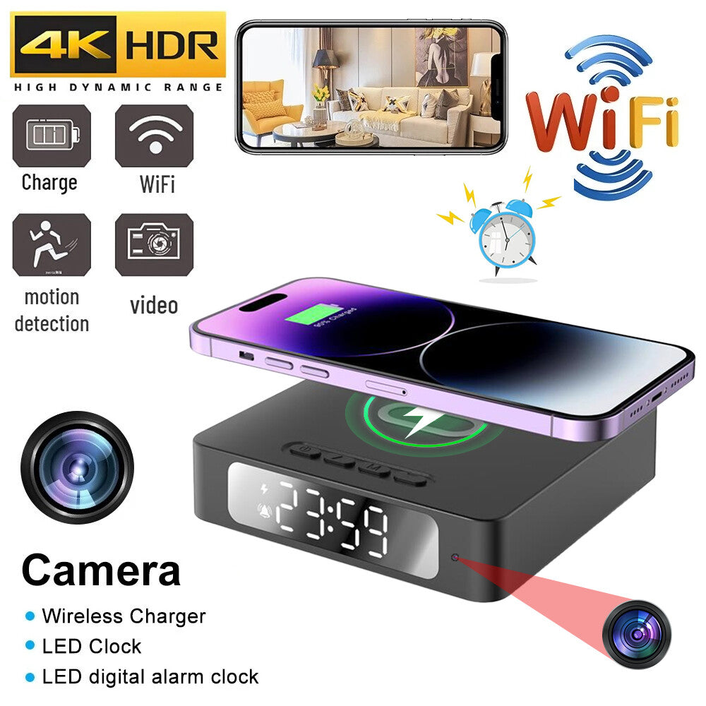 The Wireless Charger Clock SpyCam is a digital alarm clock with a hidden 4K HDR WiFi camera, motion detection, remote smartphone viewing, and wireless charging.