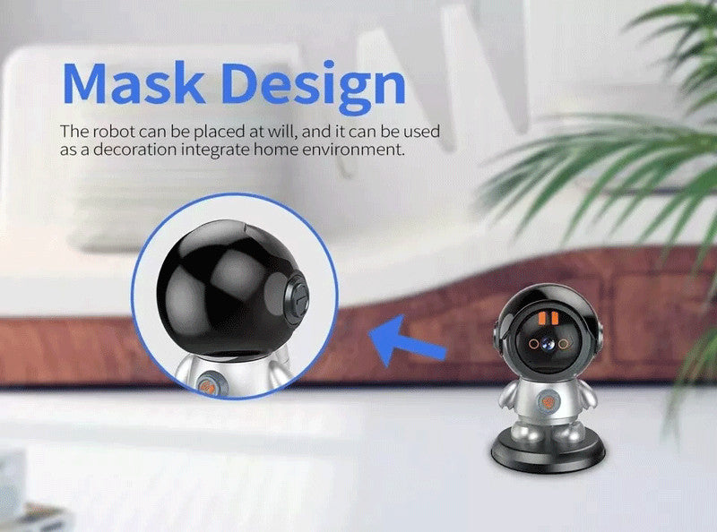 The Mini Robot SpyCam features a black, round head and silver body with a mask design, offering stylish looks and advanced AI auto-tracking—perfect for home security in any environment.
