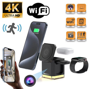 Collage featuring the Universal Charger Night Light SpyCam with a smartphone, small camera with lid, smartwatch, and icons for 4K, WiFi, motion detection, and SD card support—ideal for sleek SpyCam seekers.