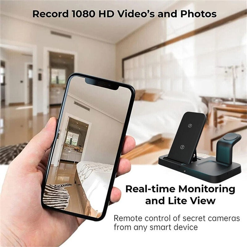 A hand holds a smartphone showing a room, while the Universal Charging Station SpyCam with dual lenses is nearby. Text highlights features: "Record 1080 HD Video and Photos" and "Real-time Monitoring and Lite View," ideal for covert surveillance.