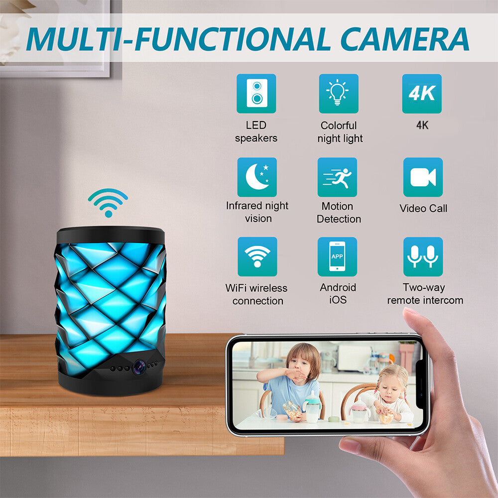 A black and blue Bluetooth Speaker SpyCam sits on a table while a smartphone streams video of two children, highlighting 24/7 security. Feature icons are displayed above the products for easy reference.