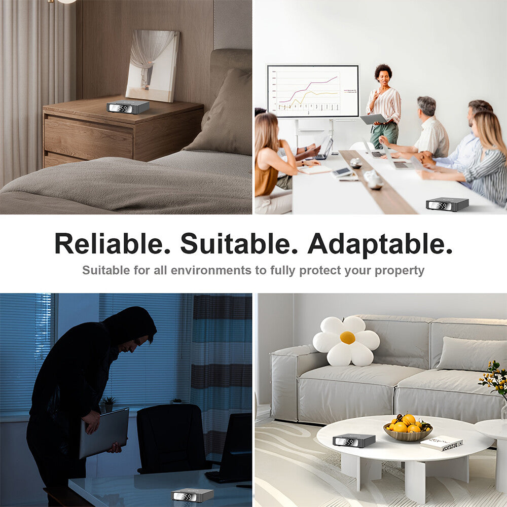A collage features the Wireless Charger Clock SpyCam with motion detection in a bedroom, office, and living room, and a burglar stealing a laptop. The text "Reliable. Suitable. Adaptable." is displayed.