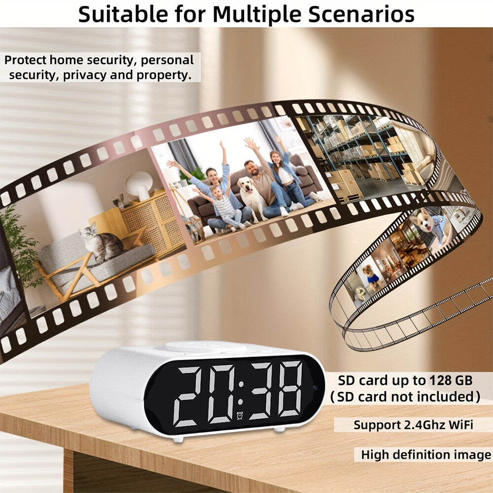 The Digital Clock Charger SpyCam displays 20:38 and features hidden camera and WiFi surveillance, shown with a filmstrip of home scenes; SD card not included.
