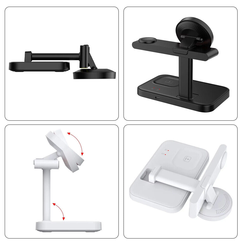 Two Universal Charger SpyCam stands in a side-by-side comparison: one black, one white. Both have adjustable arms and circular phone holders, with arrows showing movement. The sleek design discreetly integrates a wireless charger for added convenience.