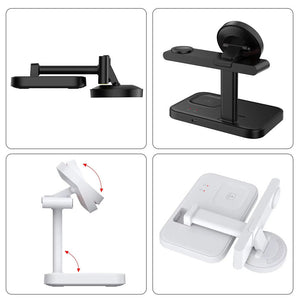 Two Universal Charger SpyCam stands in a side-by-side comparison: one black, one white. Both have adjustable arms and circular phone holders, with arrows showing movement. The sleek design discreetly integrates a wireless charger for added convenience.