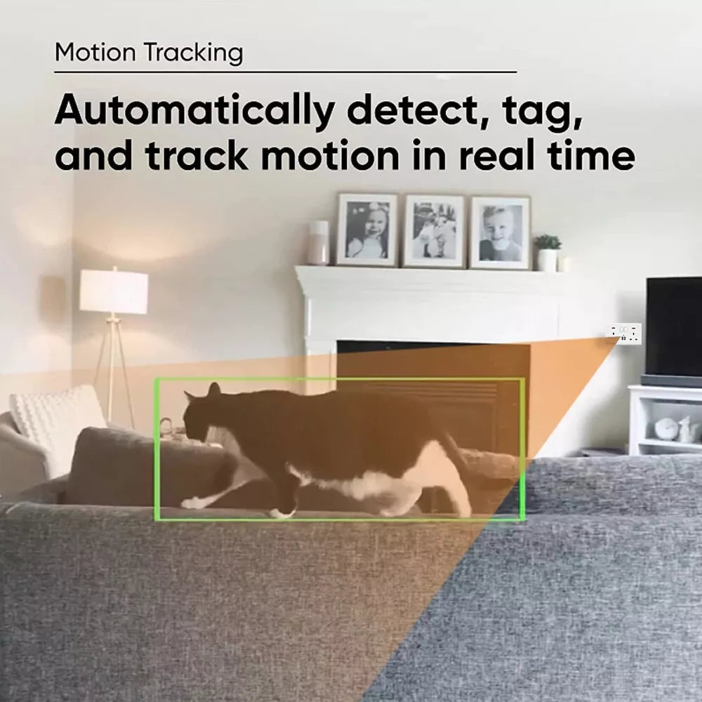 In the room, the UK Socket SpyCam's motion-tracking feature highlights a dog on the couch. A TV and decor are visible in the background. The text reads, "Automatically detect, tag, and track motion in real time with 1080P HD resolution.