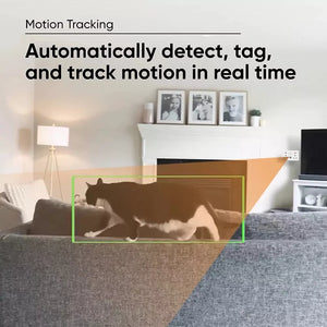 In the room, the UK Socket SpyCam's motion-tracking feature highlights a dog on the couch. A TV and decor are visible in the background. The text reads, "Automatically detect, tag, and track motion in real time with 1080P HD resolution.