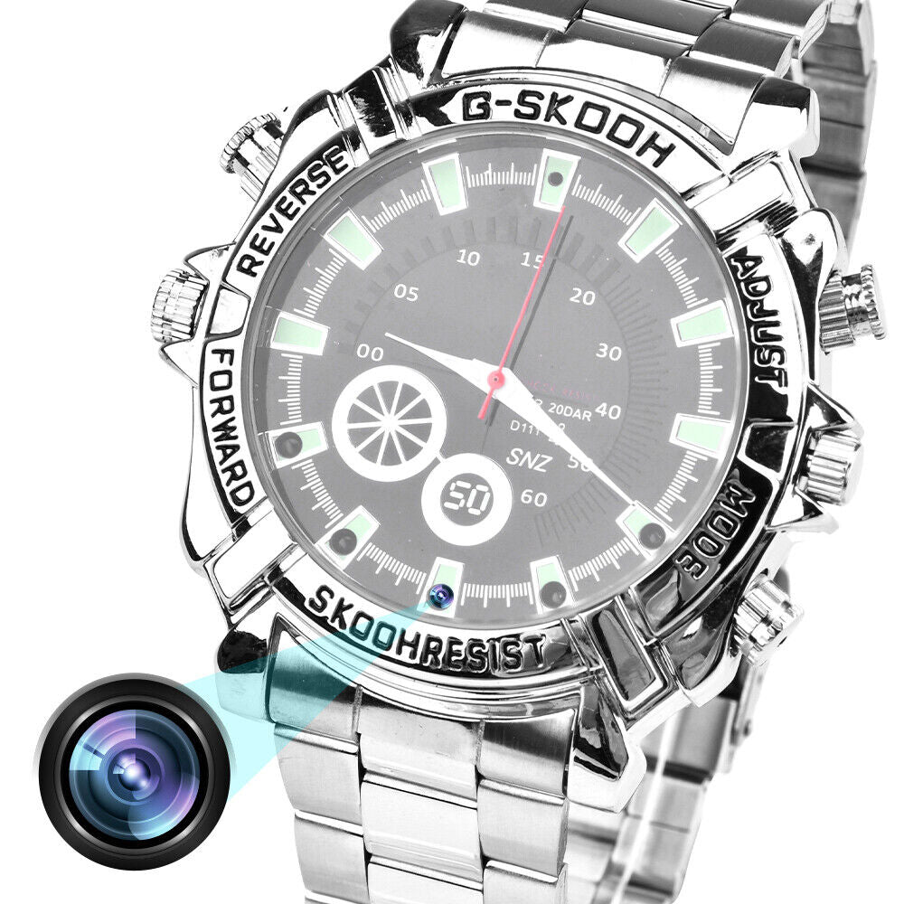 Watch SpyCam features a hidden 1080P camera, labeled bezel controls, and icons for USB charging, built-in battery, and plug-and-play covert recording.
