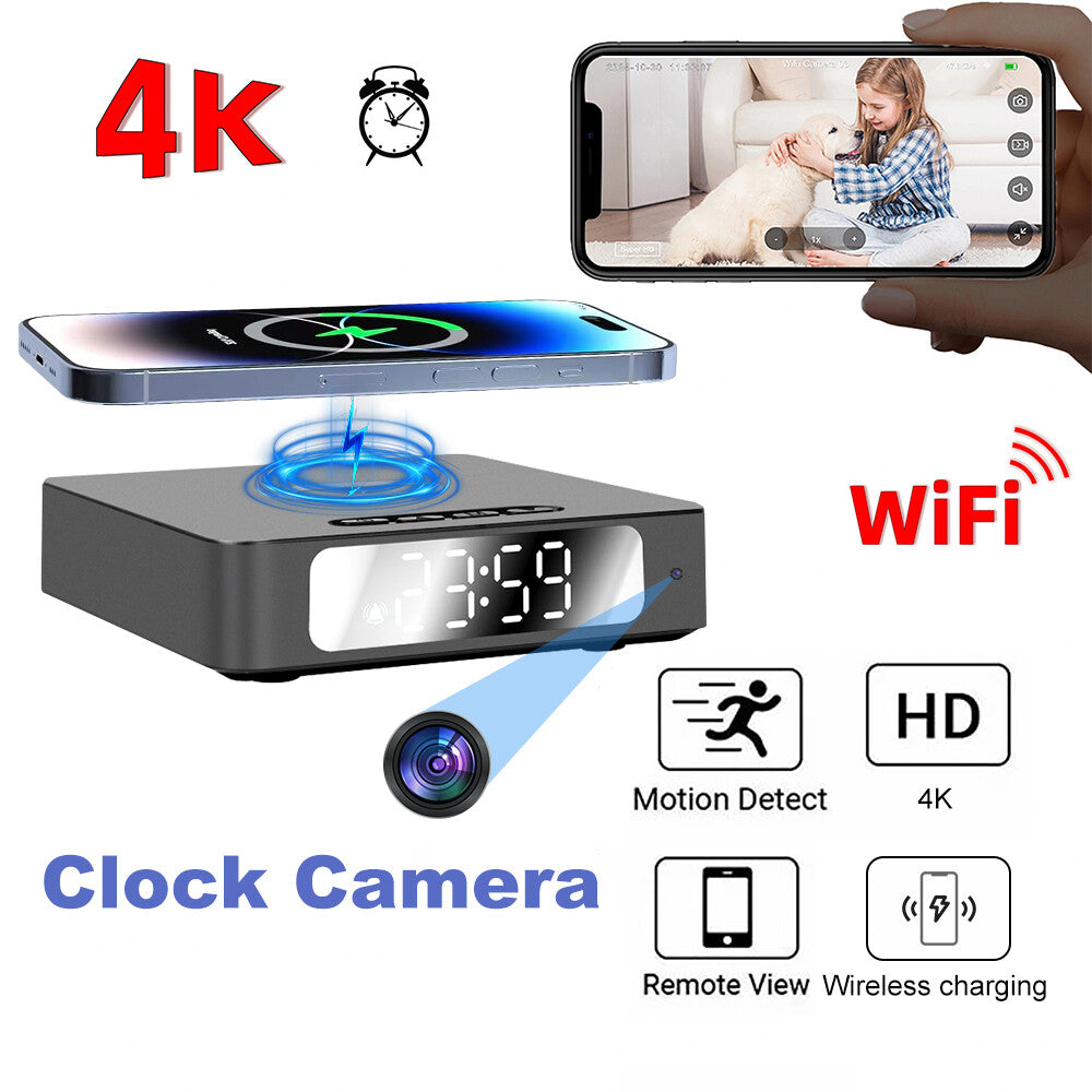 Wireless Charger Clock SpyCam offers 4K resolution, WiFi, motion detection, HD video, wireless charging, and remote viewing—shown with a smartphone and sample video feed.