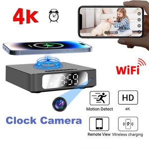 Wireless Charger Clock SpyCam offers 4K resolution, WiFi, motion detection, HD video, wireless charging, and remote viewing—shown with a smartphone and sample video feed.