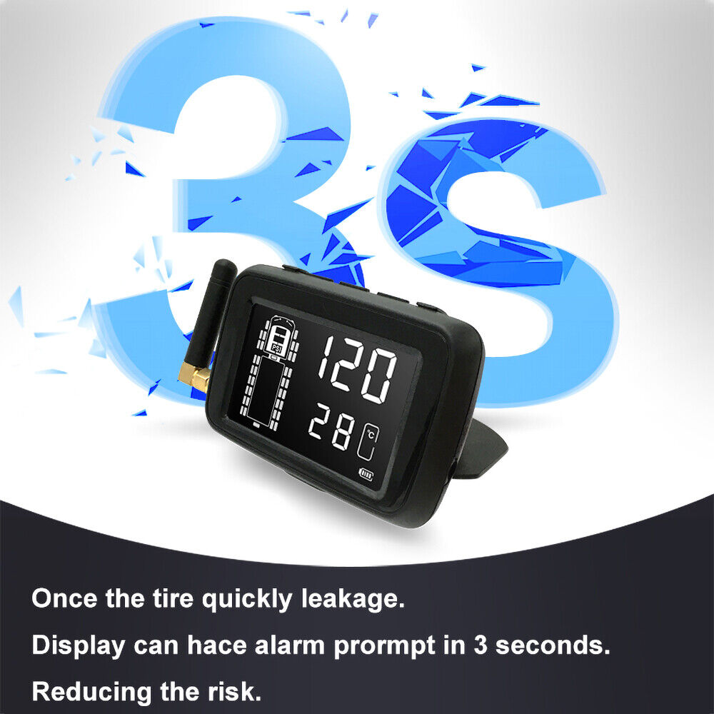 The Tire Pressure & Temperature Monitoring System features a digital display showing real-time readings, with "3S" in large text and the caption: "Once the tire quickly leaks, an alarm prompts within 3 seconds," enhancing driving safety and reducing risk.