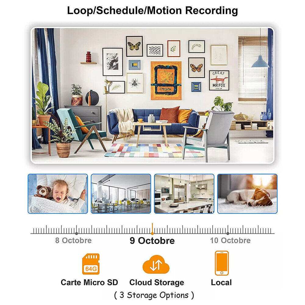 The living room showcases diverse wall art and blue furniture, featuring the Universal Charger Night Light SpyCam. Security recordings are stored using a micro SD card, cloud, or local storage, organized with dated timelines and thumbnails for easy navigation.